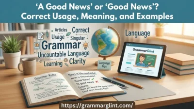 A grammar learning feature image explaining “A Good News” or “Good News” with English language notes and examples.