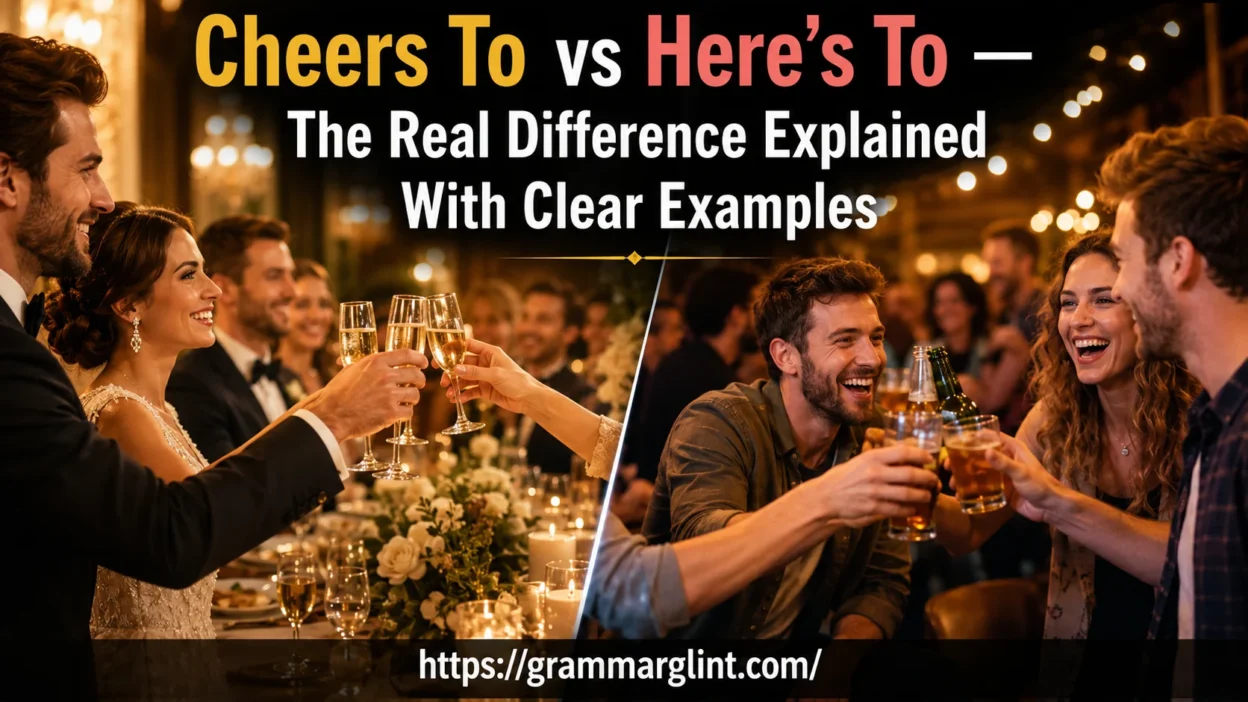 People comparing formal and casual toast celebrations showing “Cheers to” vs “Here’s to” usage differences.