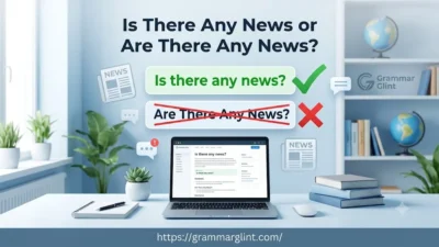 Grammar explanation of “Is there any news or are there any news” with correct usage highlighted and incorrect version crossed out.