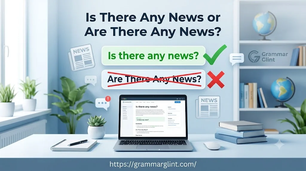 Grammar explanation of “Is there any news or are there any news” with correct usage highlighted and incorrect version crossed out.