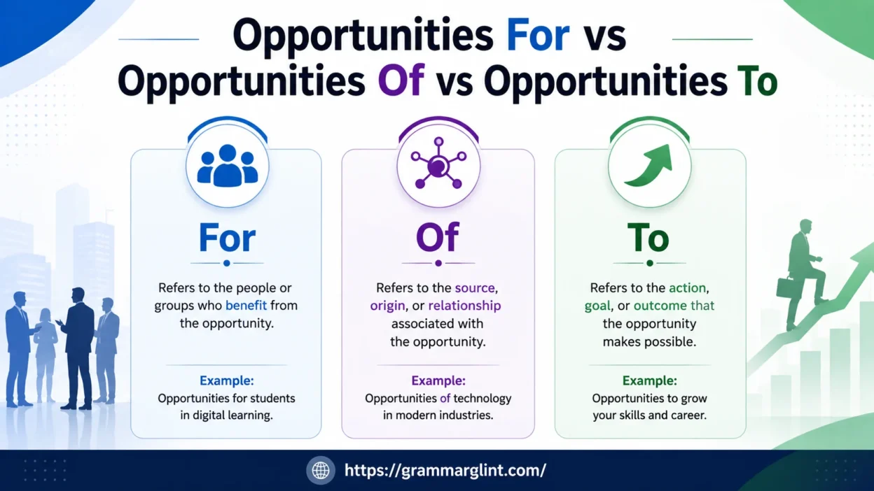 Comparison infographic showing differences between “Opportunities For,” “Opportunities Of,” and “Opportunities To” with clear labeled sections and modern design.