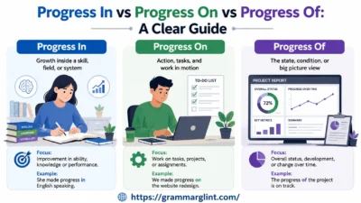 Educational comparison diagram explaining progress in vs progress on vs progress of with learning, task, and report visuals.