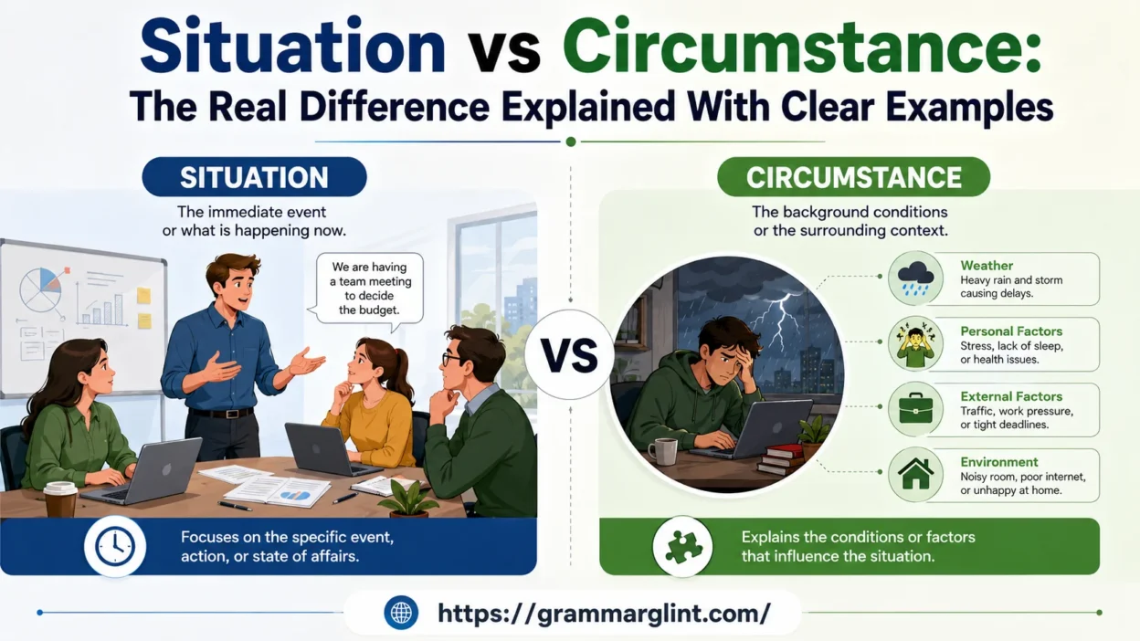 Split comparison graphic showing situation vs circumstance with real-life event on one side and background factors on the other.