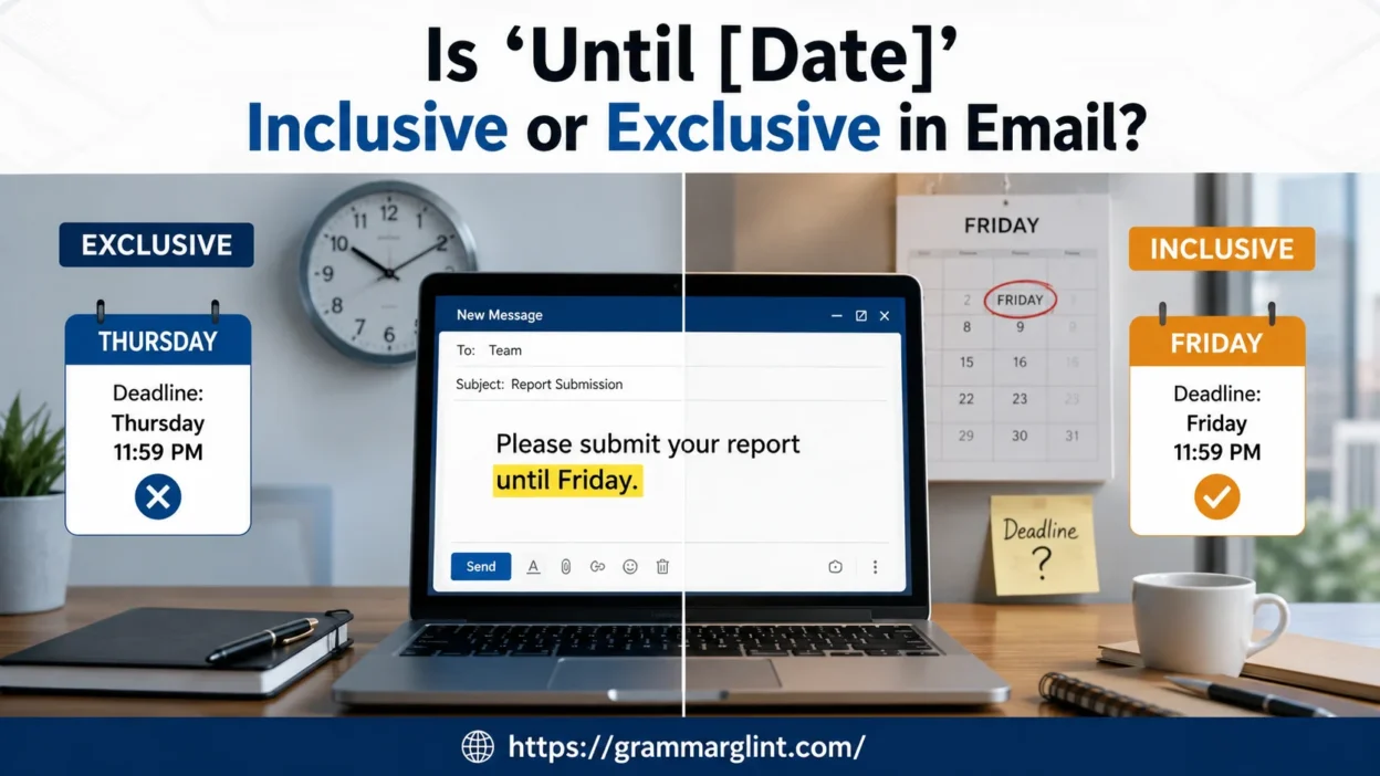 Email deadline confusion illustration showing “until Friday” interpretation differences in a modern office workspace