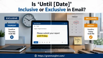 Email deadline confusion illustration showing “until Friday” interpretation differences in a modern office workspace